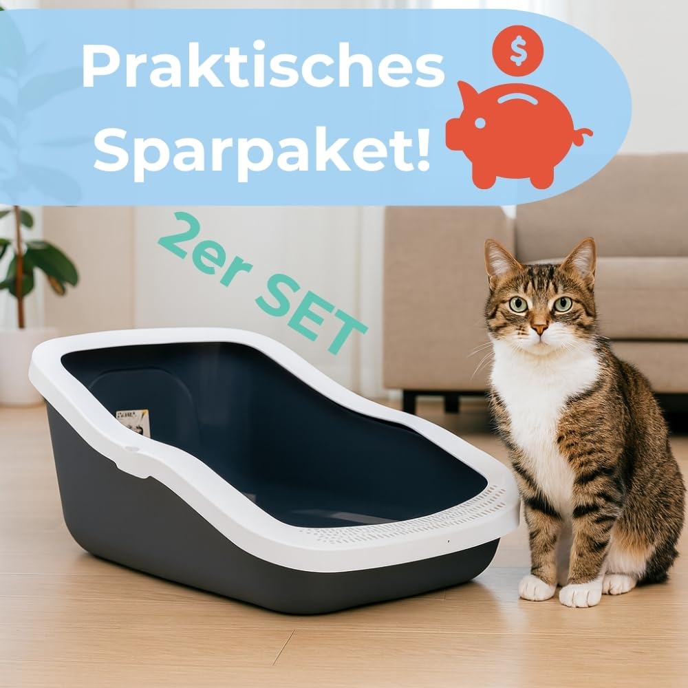 2er Set XXL Katzenklo 70 cm Katzentoilette ohne Deckel | Großes Katzenklo hoher Rand ohne Deckel Jumbo Doppelpack