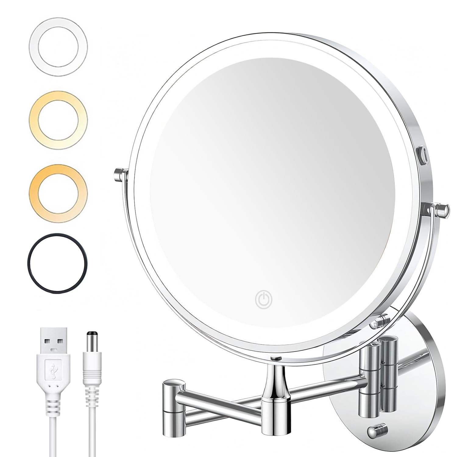 Imagen del producto: AI-PIKA Espejo de Maquillaje Montado en Pared de 8 Pulgadas, Iluminado con 3 Luces LED Ajustables, Espejo de Aumento Doble Cara 1X/10X, 360° Rotación, Brazo Plegable y Extensible, Carga USB