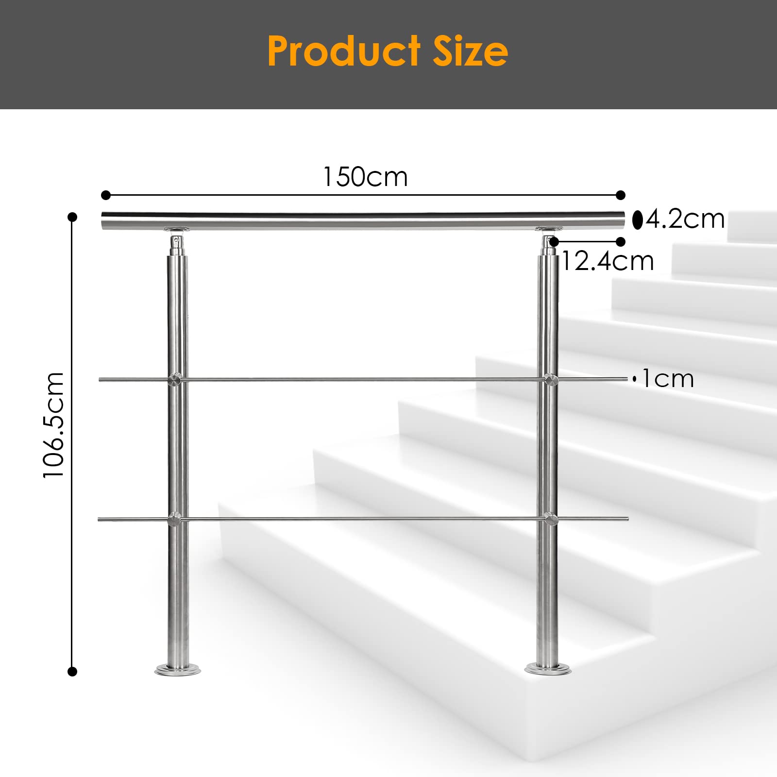 Sonnewelt Pasamanos escalera acero inox 150 * 4.2 * 106.5cm,2 barras,barandilla con kit de instalación,para interiores y exteriores, escaleras, balcón, balaustrada