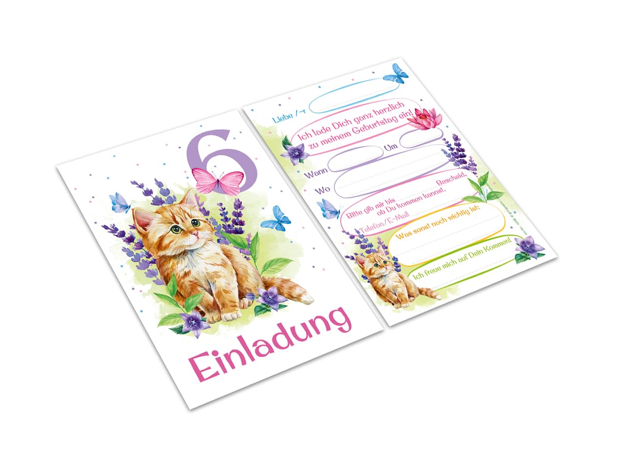 12 Biglietti D'invito Per 6° Compleanno Bambina – Tema Gatti E Ragazze, Formato A6, Carta 300g/m² Con Vernice UV, Made In Germany - 2