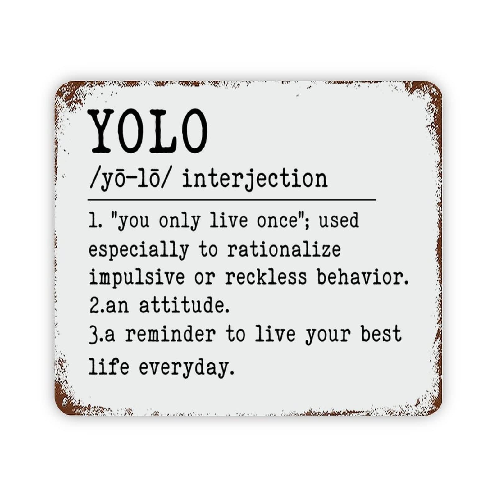 ENEDNATE YOLO Definition Dictionary Word Meaning Motivational Quote Metal Signs Funny Vintage Street Aluminum Metal Tin Sign for Living Room Bedroom Bathroom Kitchen Retro Wall Art Home Decor 12"x16"