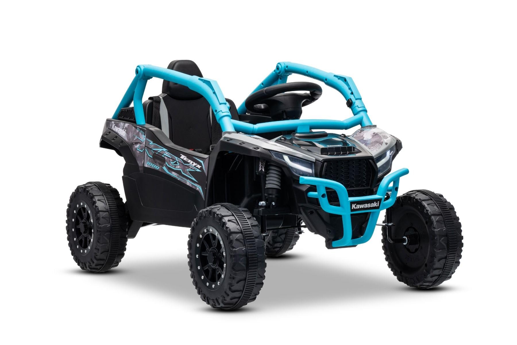Kawasaki TERYX KRX 1000 12 V elektryczny samochód dziecięcy niebieski jednoosobowy zawieszenie tylnej osi, pilot zdalnego sterowania 2,4 GHz, akumulator litowy, 2 silniki 25 W, otwierane ramy ochronne