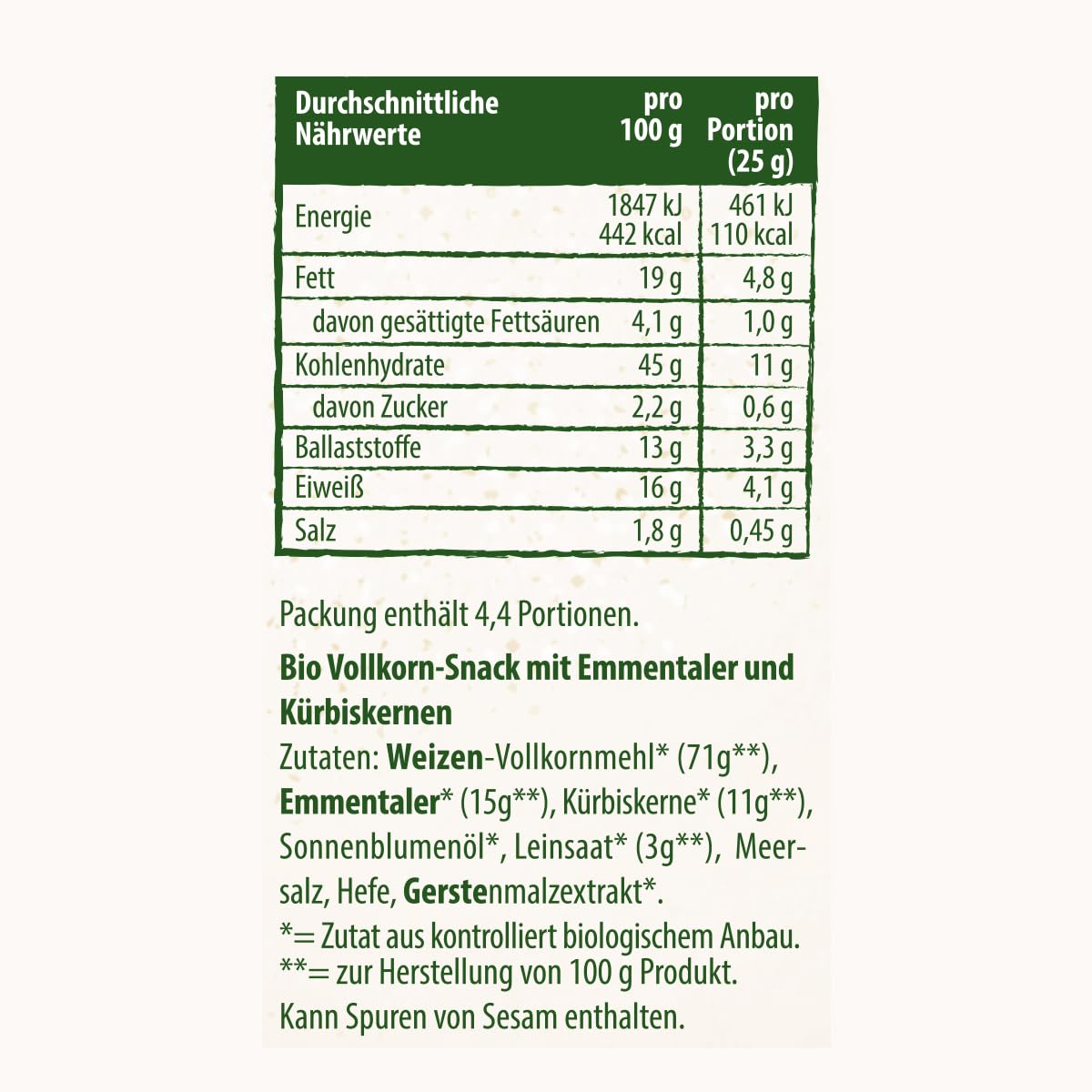 Dr. Karg’s BIO Vollkorn-Snack Käse Kürbiskern - knusprig, vegetarisch, Snack mit Emmentaler & Kürbiskerne, 100% Vollkornmehl & ohne Zusatzstoffe, 10x110g