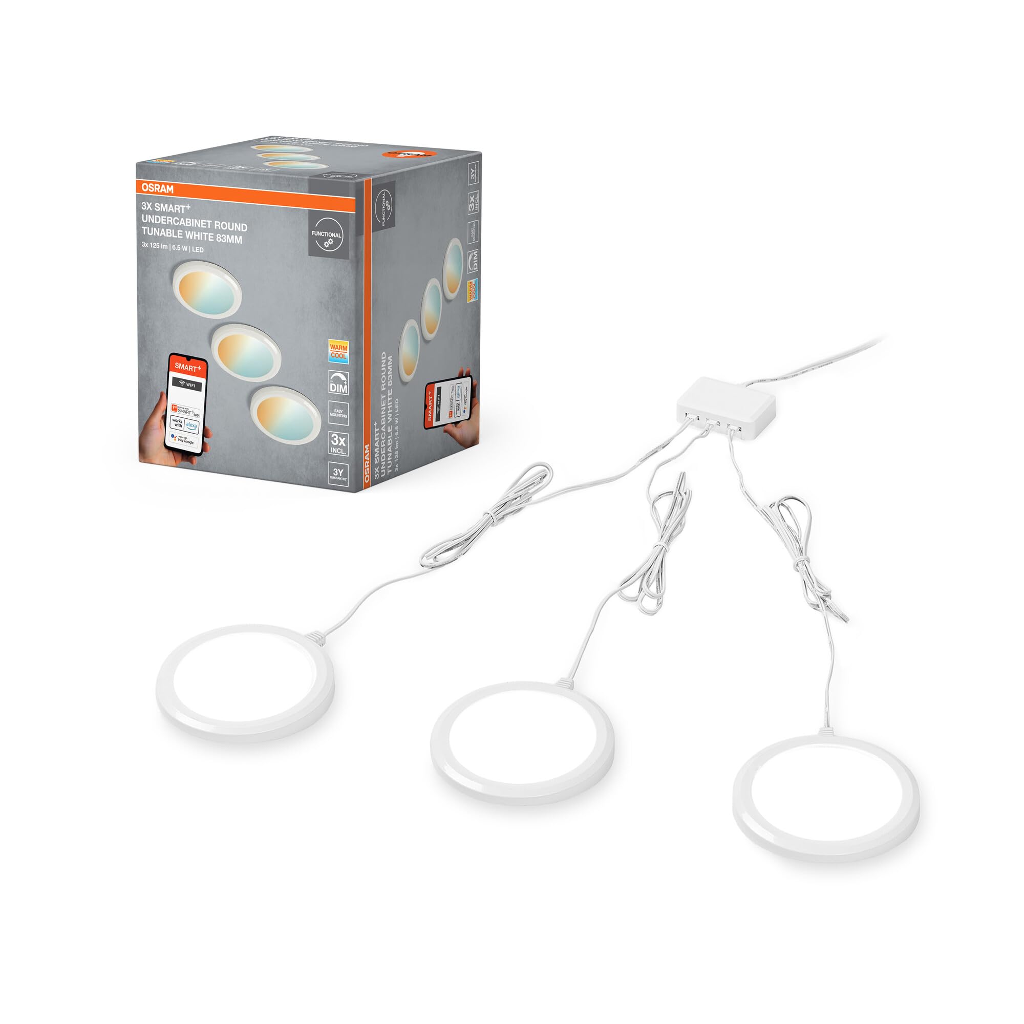 OSRAM Oświetlenie podszafkowe SMART+ WiFi, okrągłe, białe, 6,5W, 375lm, 83mm, regulowane białe światło, ściemniane, długa trwałość, łatwy montaż, sterowane z aplikacji, 3000K - 6500K, do kuchni, półek