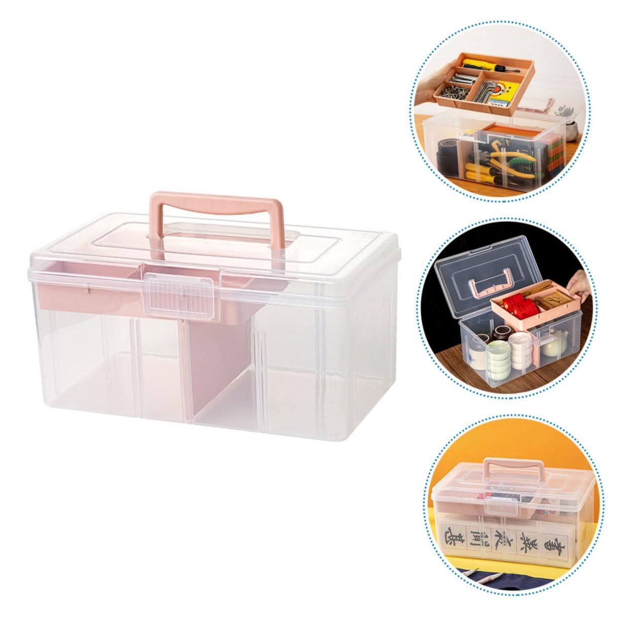 Scatola Organizer Multifunzione Rosa in Pp Trasparente con Manico | Struttura a Doppio Livello, Design Robusto Resistente a Deformazioni, per Accessori Creativi e Piccoli Oggetti