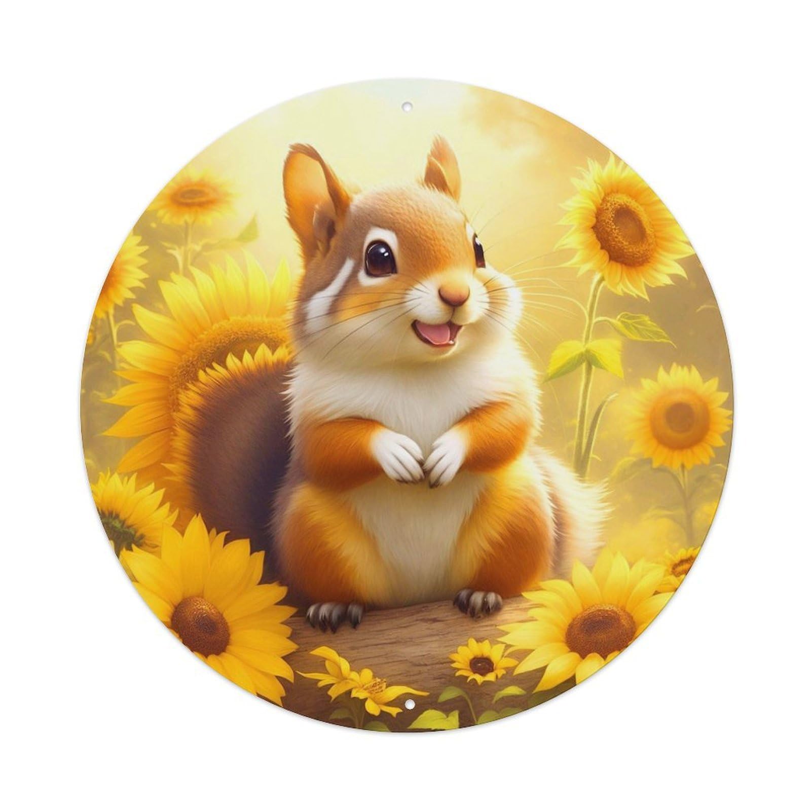 Wildlife Artwork Squirrel Beside Sunflowers Vintage Metal Tin Sign Plaque Wall Decor for Cafe, Club, Garden Round Metal Poster 8x8Inch