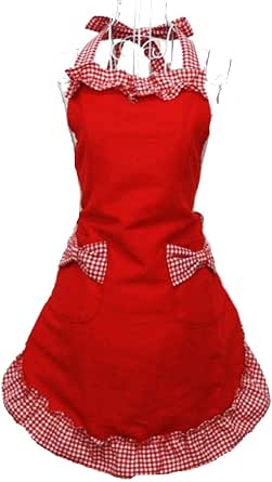 Mijotex Vintage Style Kitchen Apron For Women - Adjustable Ties & Pockets, Black With Gingham Trim