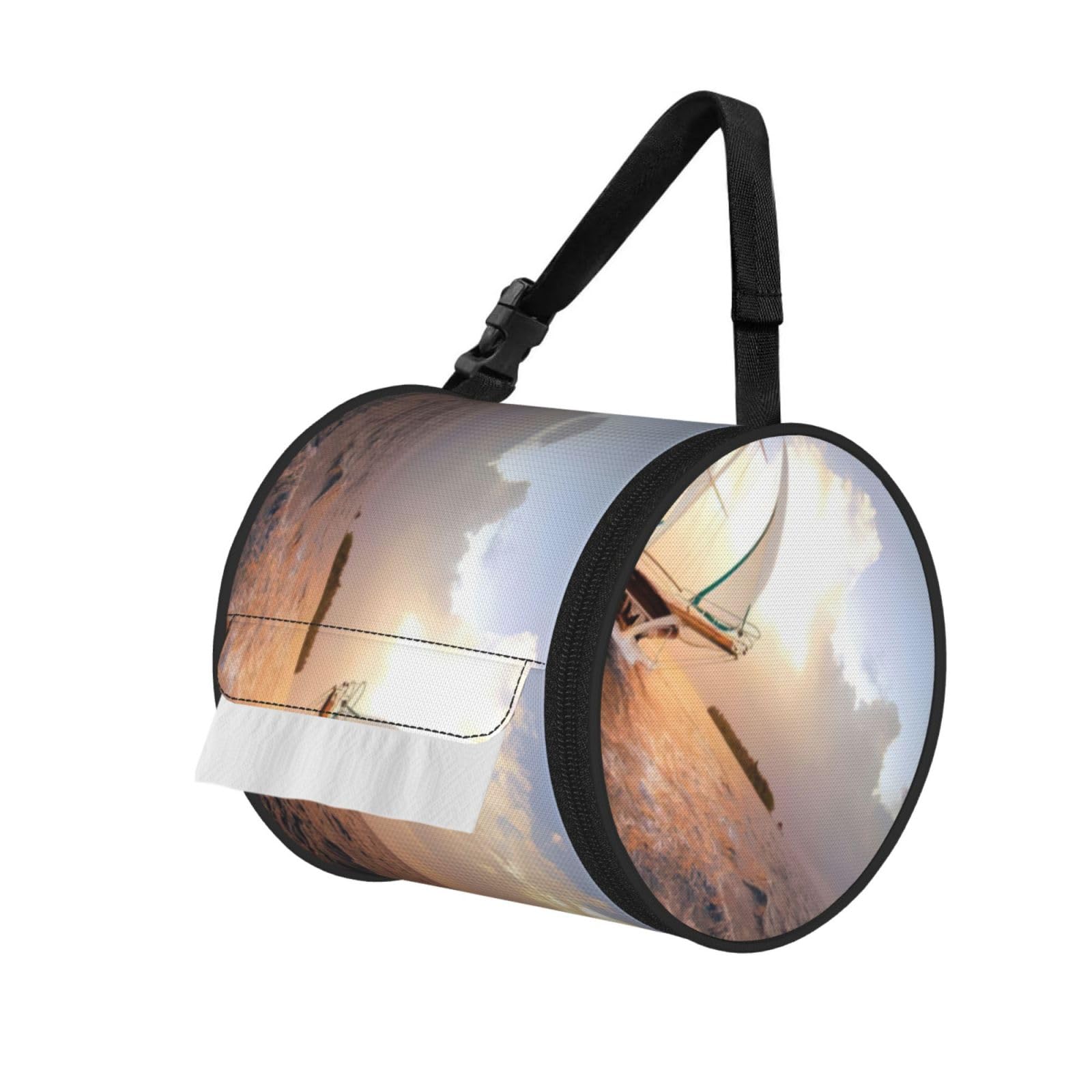 White Sailing Ship At Sunset Print Cylinder Tissue Holder Bag With Strap, Portable Roll Dispenser Case For Car Rv Camping