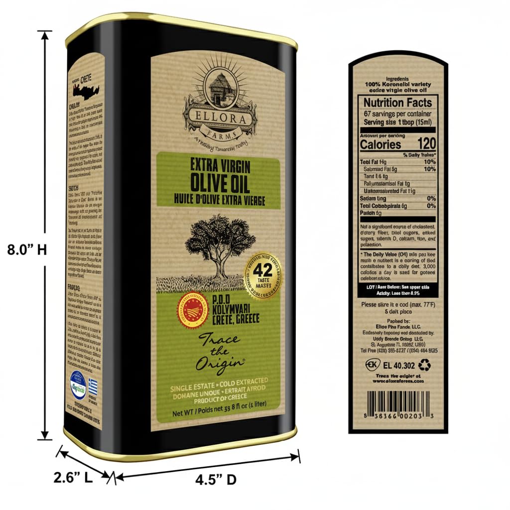 Ellora Farms, Greek Extra Virgin PDO Olive Oil, Traceable and Certified Single Estate, Kosher EK, 33.8 oz. Tin and 8.45 oz. Glass bottle Combo Pack