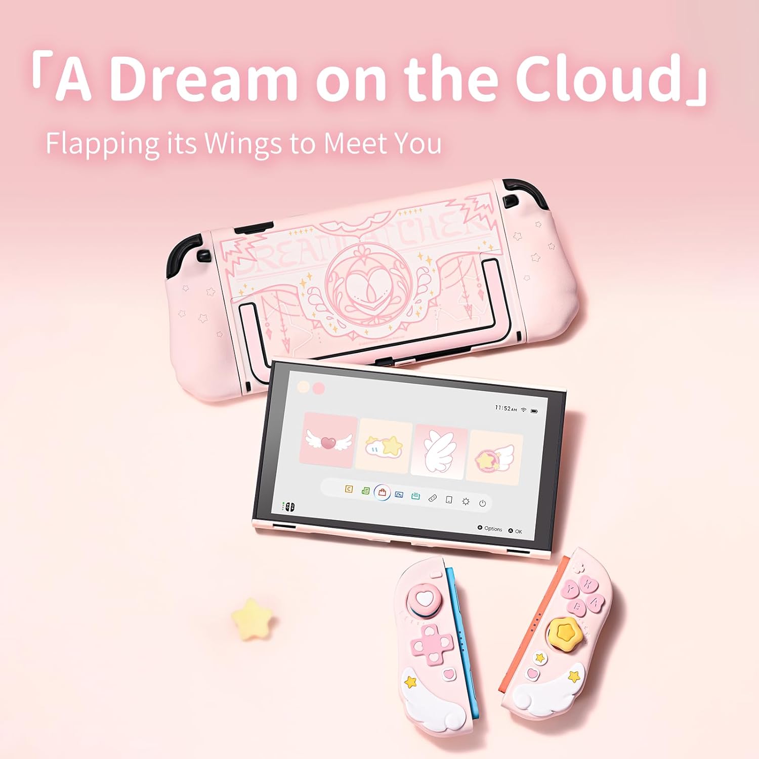 Geekshare Protective Case Set Compatible with switch 2, PC Back Plate with Silicone Joysticks Covers, Includes 2 Thumb Grips, Waterproof Protection - Star Wing Series (Pink)