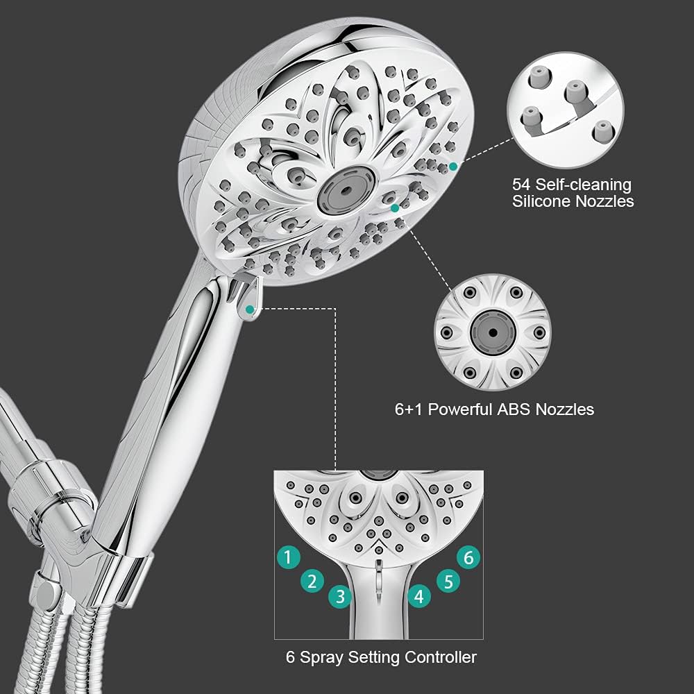 Shower Head with Handheld, JDO High Pressure Handheld Shower Head 6 Spray Settings - 4.7" Chrome Finish High Flow Hand Held Showerhead Set with Stainless Steel Hose and Adjustable Bracket (Chrome) - - 