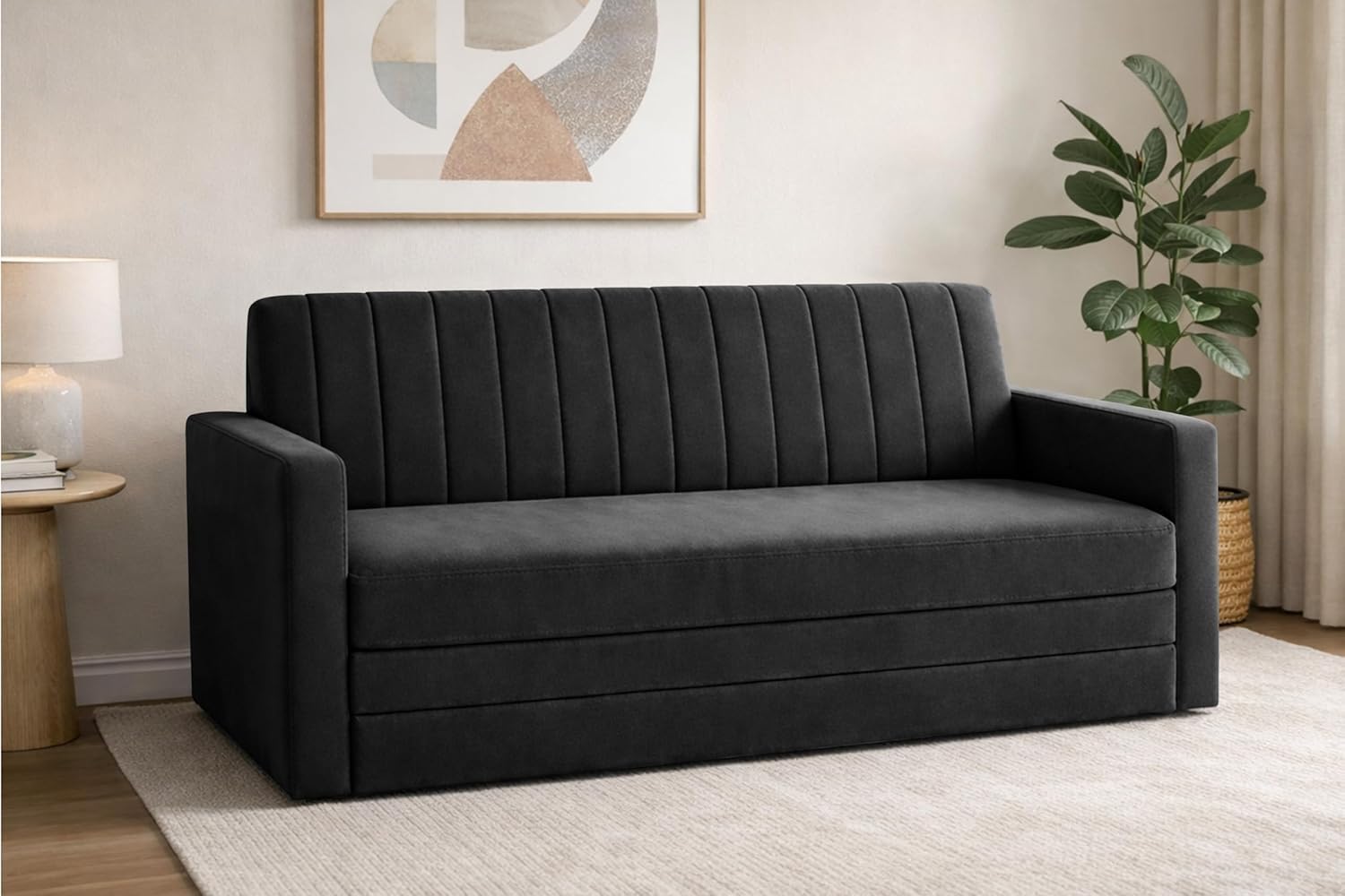 Deco Studio-Sofa-Cum-Bed | 3-Seater Couch with Armrest Sofa | Modern Fabric Sofa for Living Room, Bedroom & Office-Black-Color