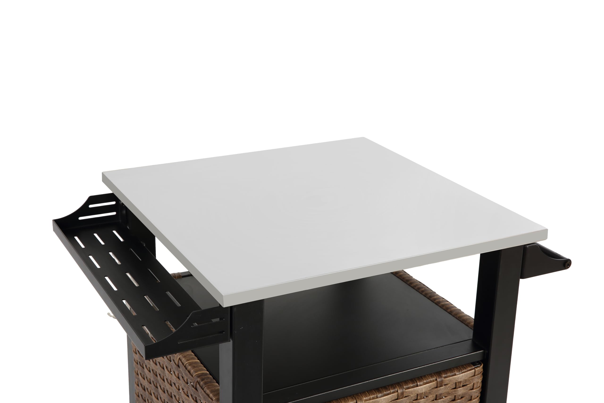 Carrello da portata in rattan con piano estraibile in acciaio inox, isola da cucina per esterni con armadio, cassetto, portabicchieri e apribottiglie, marrone