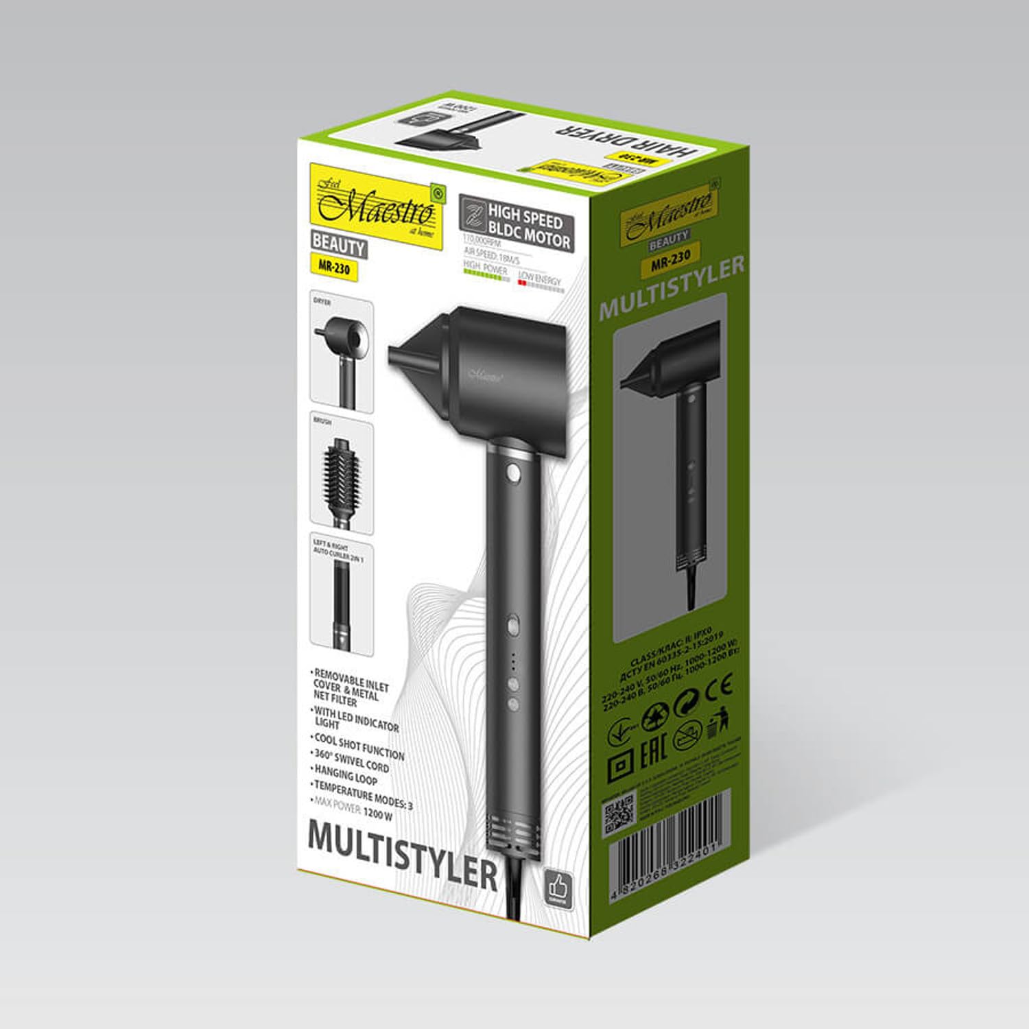 Maestro MR-230 Multistyler 3 in 1 - Asciugacapelli, spazzola a secco, ferro arricciacapelli automatico, 1200 W, 2 livelli di temperatura, funzione aria fredda, styling professionale a casa