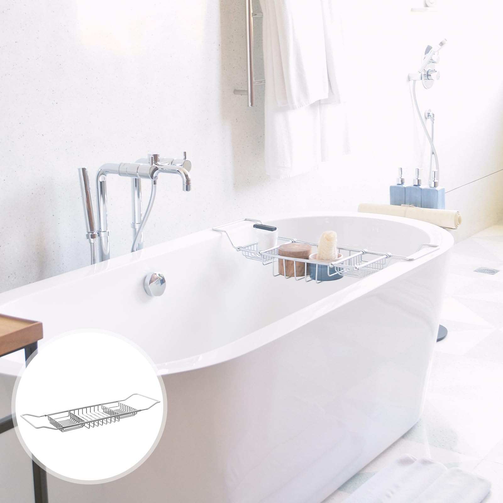 CRAFTHROU Bandeja Metálica Ajustable para Bañera de Acero Inoxidable Soporte Telescópico Multifuncional, Almacenamiento para Libros y Teléfonos en Baño, Plateado