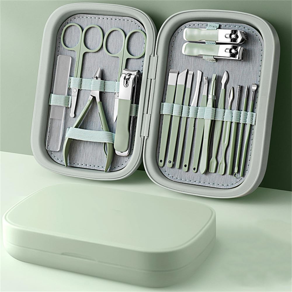 Ensemble de manucure 18 pièces avec étui en Cuir, Outils de Soin des Pieds et du Visage, Coupe-Ongles en Acier Inoxydable, Ensemble de Faux Cils