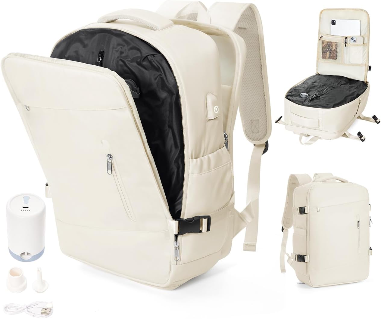 Travel Backpack with Vacuum System Women, Waterproof Vacuum Backpack with Pump, Compression Bags Travel Backpack Carry on Flight Approved, Mochila de Viaje Compresion al Vacio Men(beige)