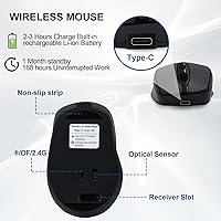 Vista 4 de Ratón inalámbrico recargable Bluetooth silencioso para portátil, iPad, MacBook, PC, Surface Pro, Lenovo, tableta Samsung, diseño ergonómico (negro)