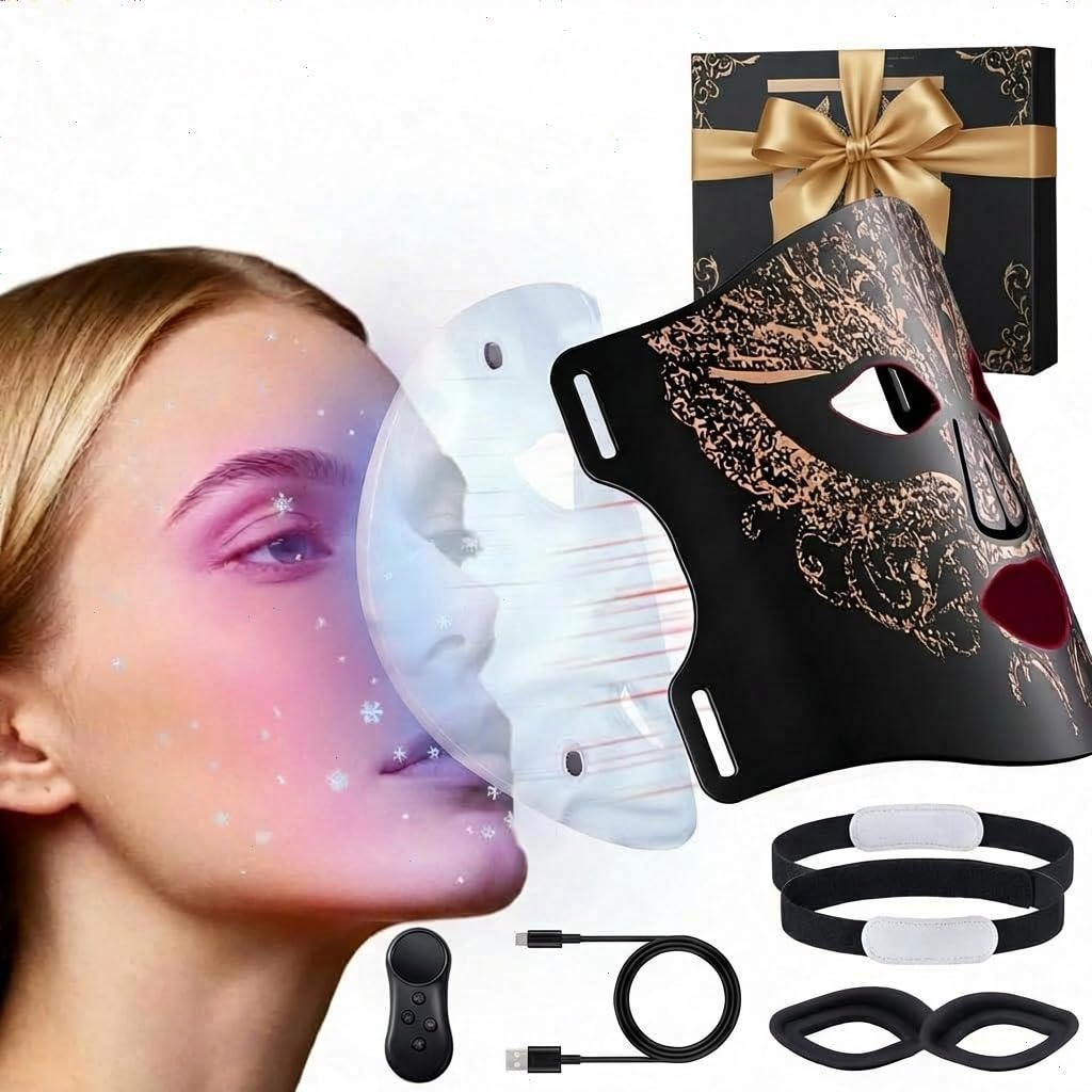 Red Light Therapy Mask for Face, 7 Colors and 4 Light Wavelengths with Cold/Hot Compress, Wireless Remote Control & Timer Function. Ideal for Reducing Wrinkles, Brightening Skin Tone, At-Home Spa.