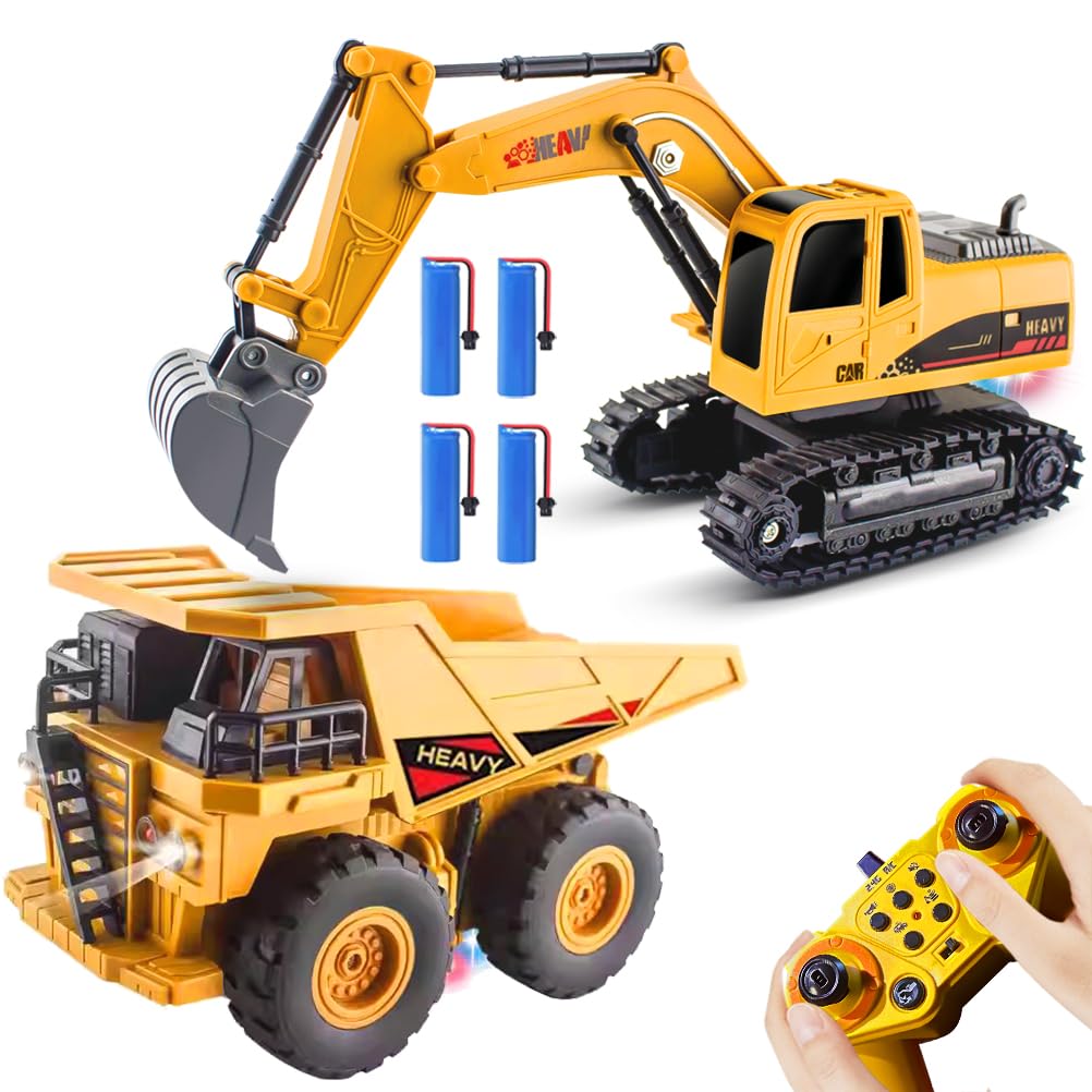 Excavadora RC y camión volquete de juguete para niños, 2.4Ghz 11 canales control remoto vehículo de construcción con luz, sonido, música y demostración automática, regalos de cumpleaños de Navidad
