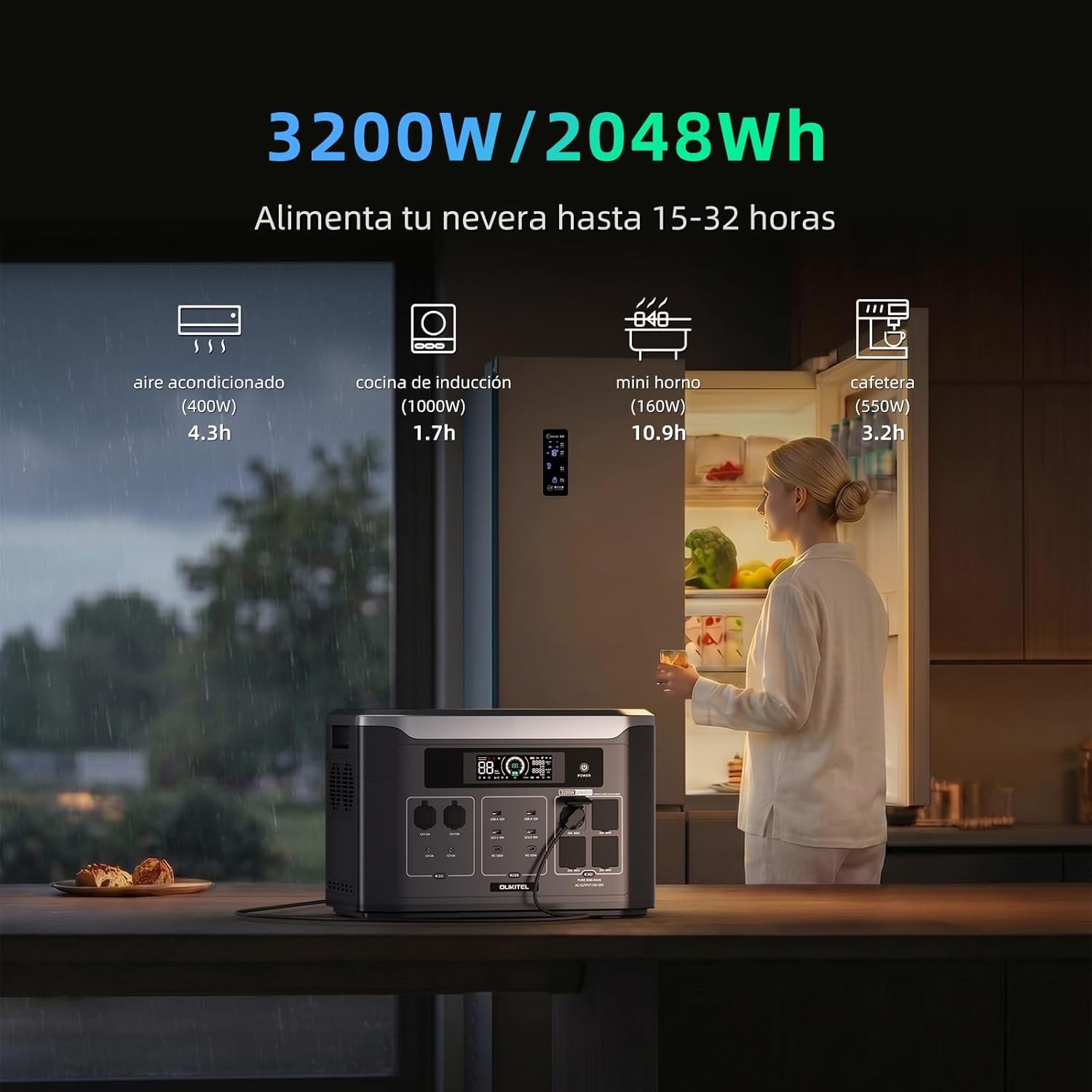 OUKITEL BP3000 3200W(6400W Pico) Estación de Energía Portátil, Carga del 80% en 1,5 Horas, 2048Wh Batería LiFePO4, Ampliable a 16 kWh, Generador Solar para Camping, Uso Doméstico y Emergencias