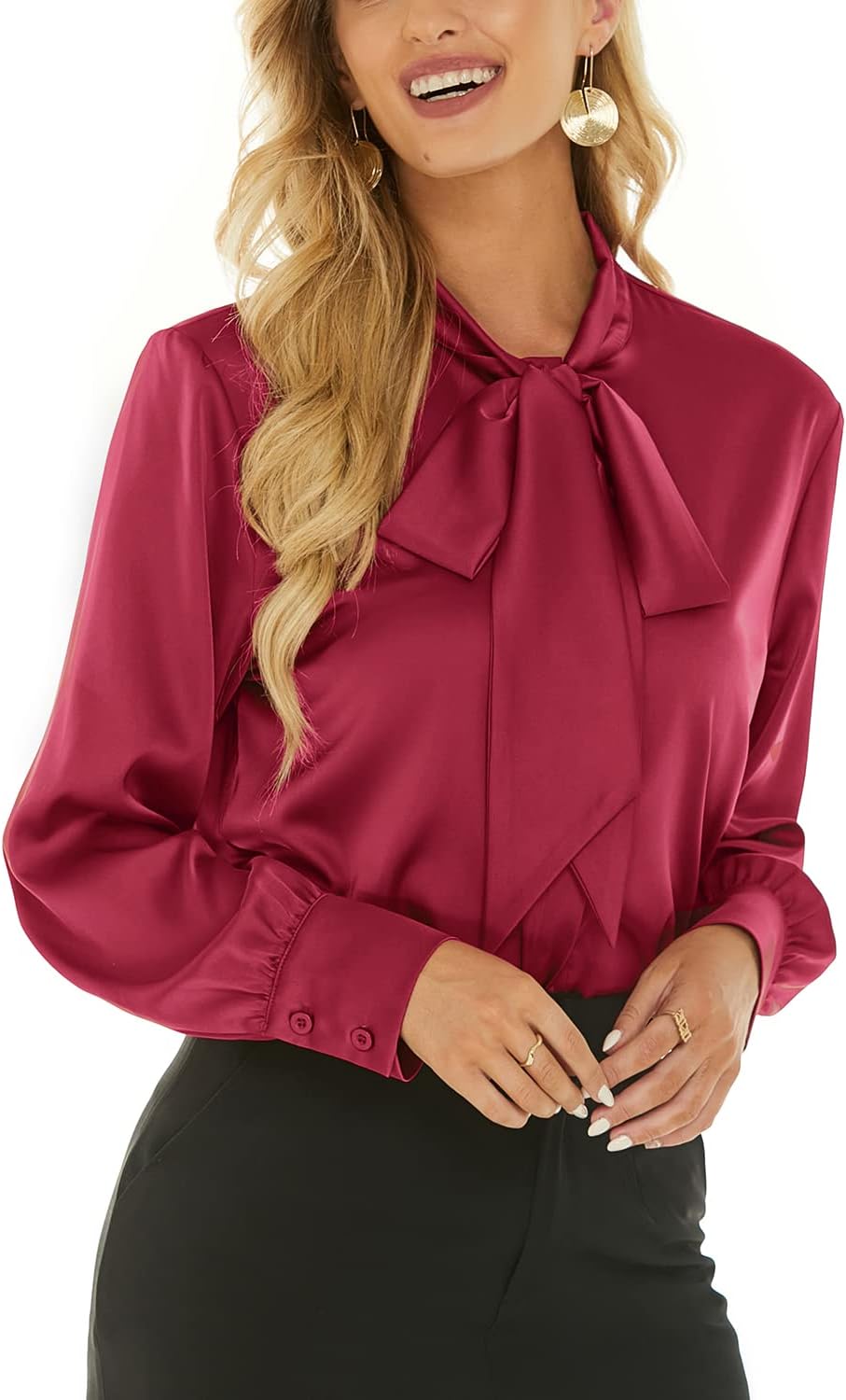 Escalier Women's Silk Blouse Long Sleeve Bow Tie Neck Button Down Shirts Casual Office Work Blouse Tops - Image 2
