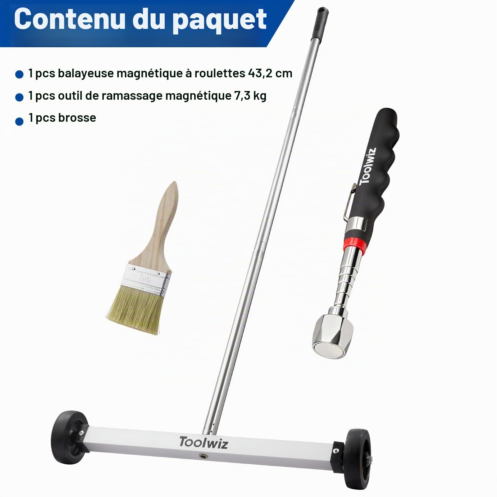 Toolwiz Balai magnétique roulant de 43,2 cm, 4 kg, avec outils de ramassage magnétiques télescopiques de 7,3 kg – Balayeuse légère avec roues pour clous, vis et débris métalliques pour usage