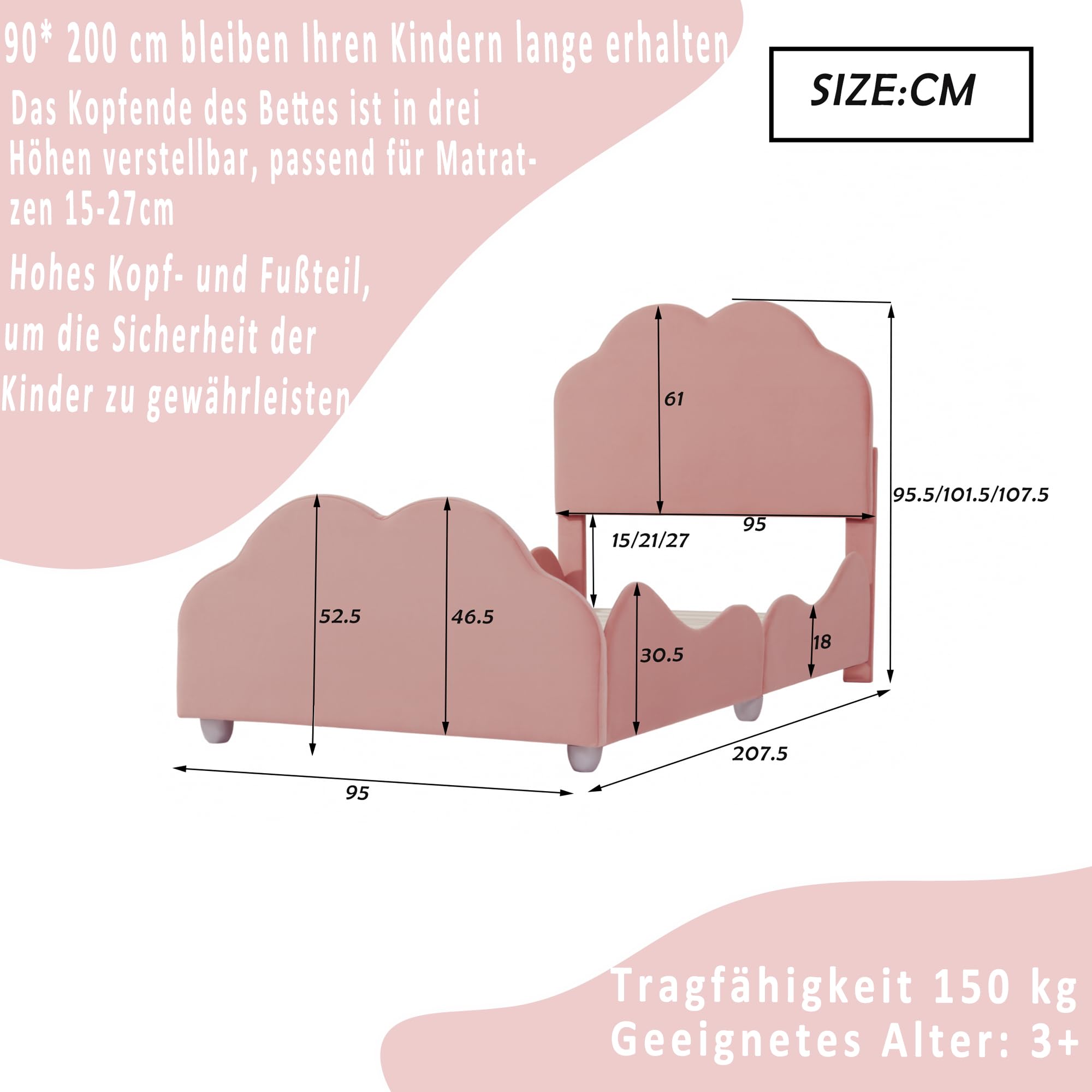 HAINEW Łóżko dziecięce 90 x 200 cm z zagłówkiem i podnóżkiem w kształcie chmury, łóżko tapicerowane z zabezpieczeniem przed wypadnięciem, aksamitny materiał, rama łóżeczka dziecięcego dla chłopców lub