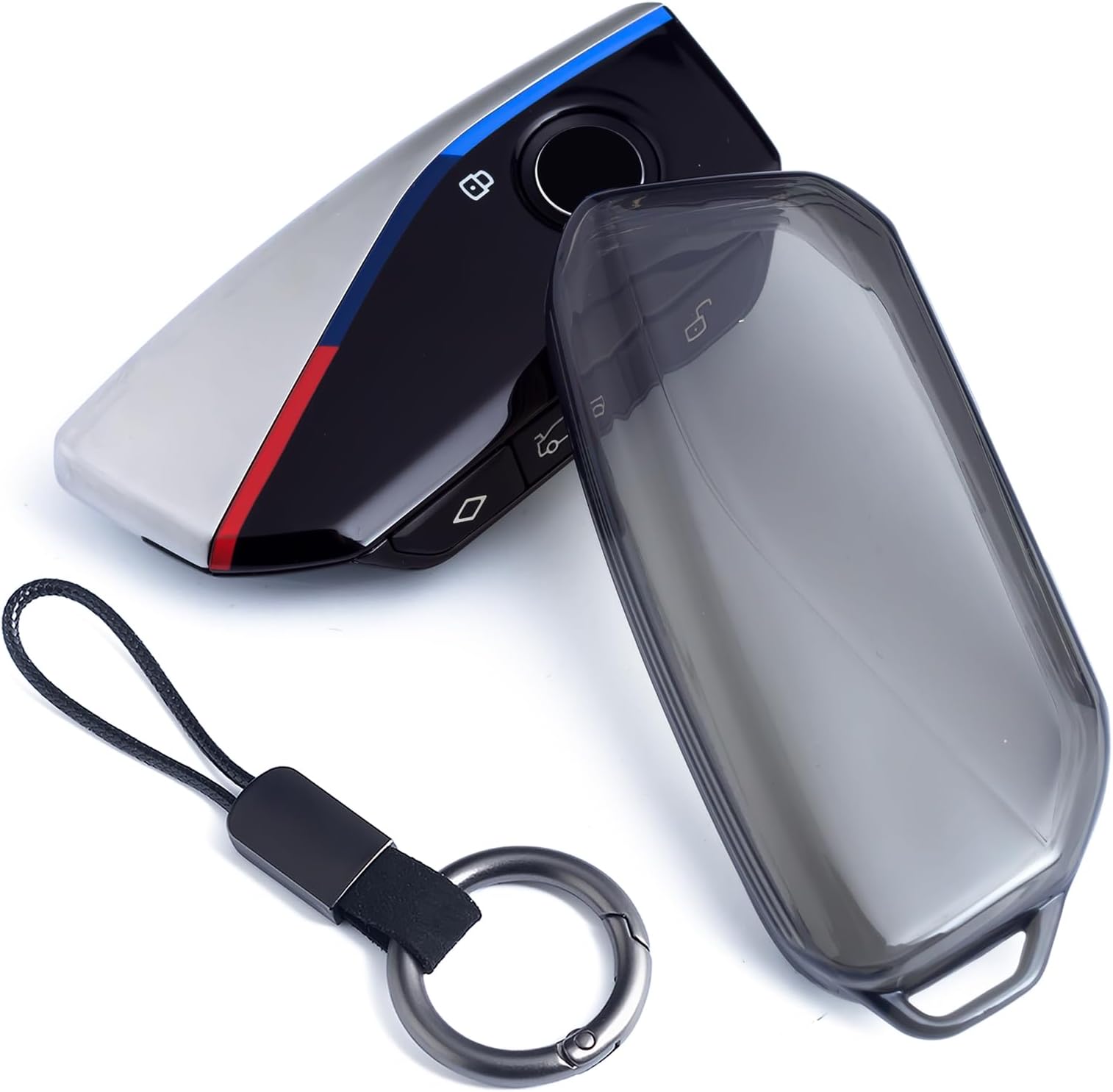 Car Key Fob Cover Case Keychain Compatible with BMW X1 X2 X3 X5 X6 X7 530i 540i 740i iX XM i5 i7 2023 2024 2025 Transparent Black