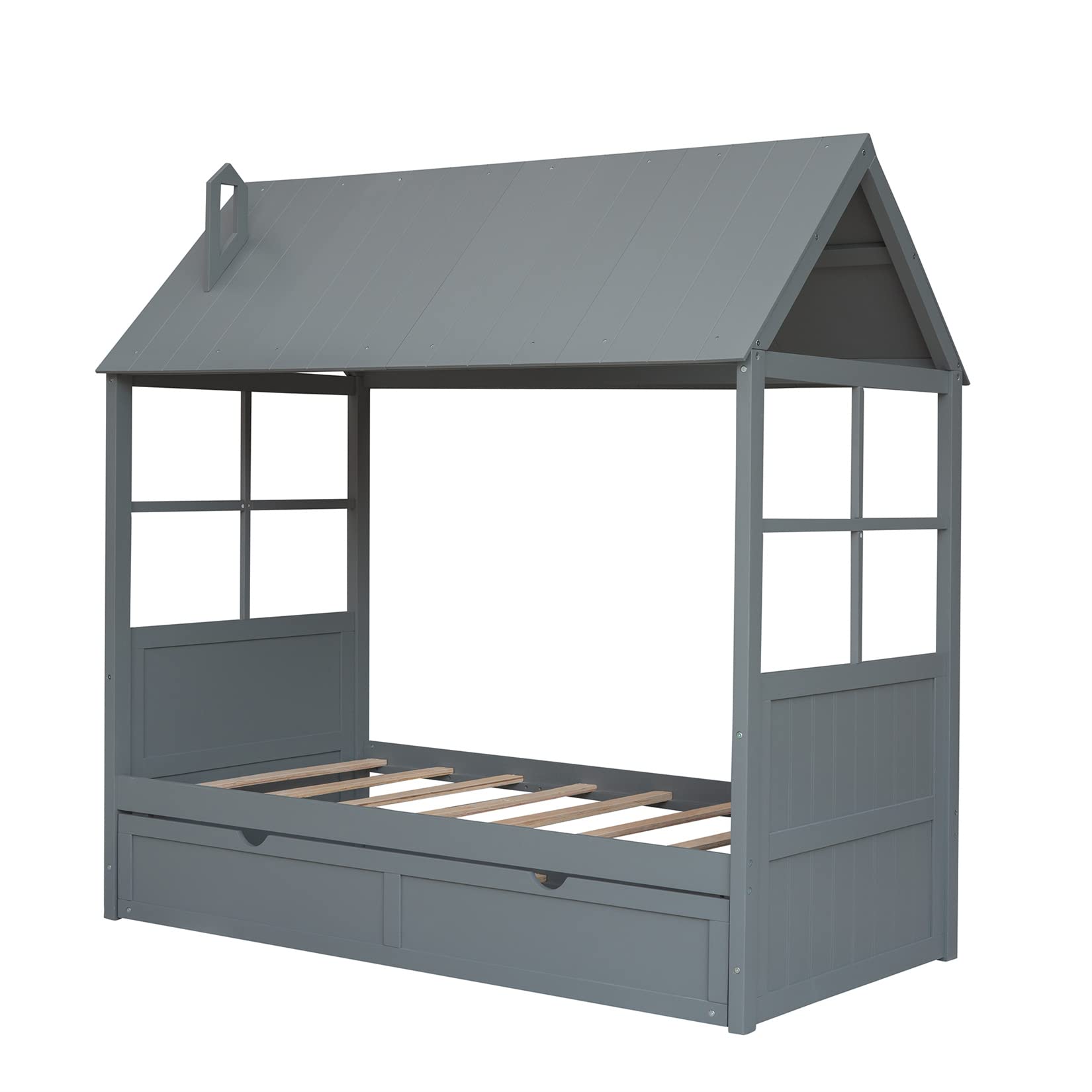 Twin House Bed with Trundle Wood Tent Beds Kids Cottage Playhouse Bed Frame for Children Girls Boys Teens, Twin Size, Gray