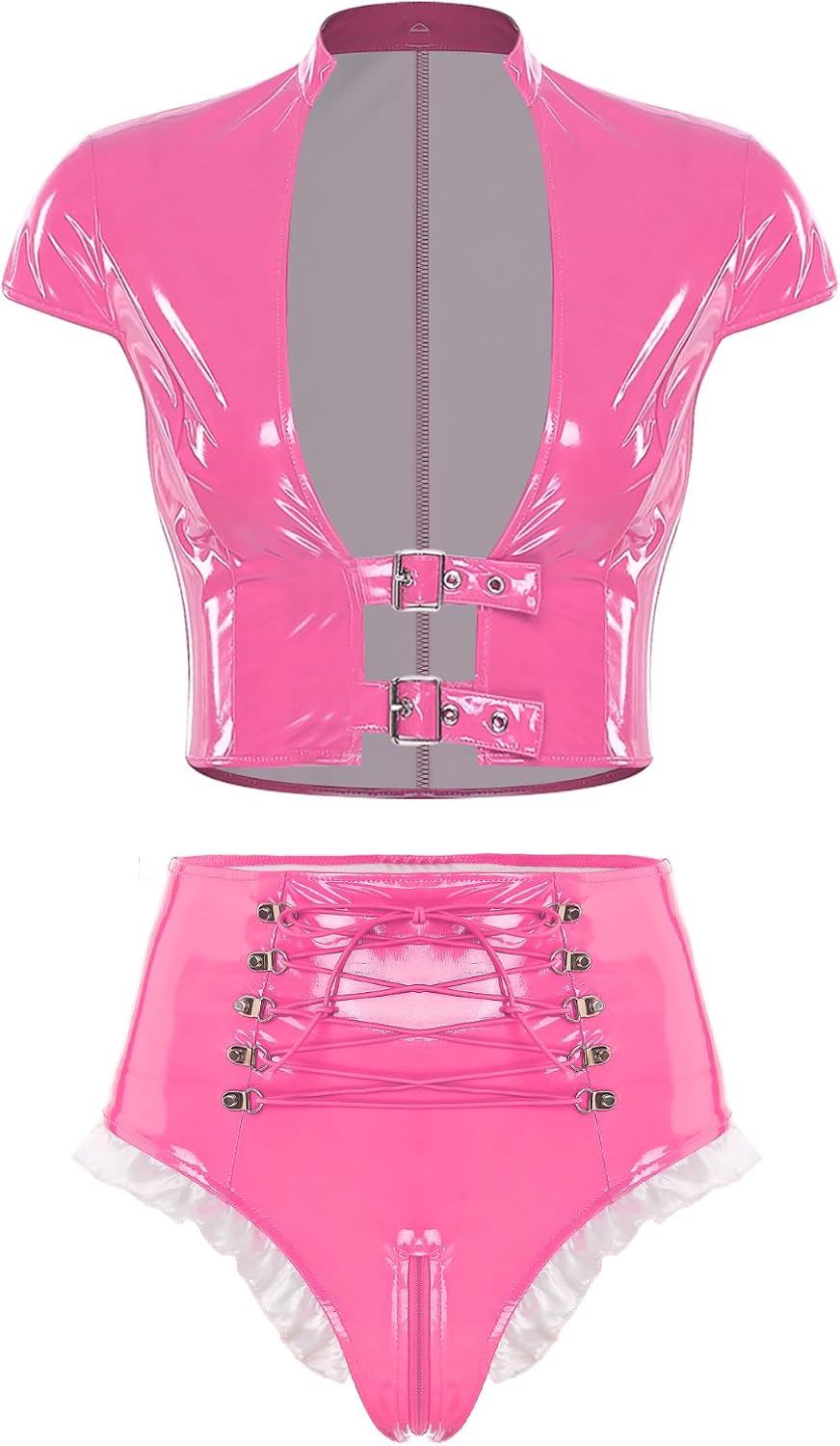 iiniim Womens Wetlook Cap Sleeve Hollow Out Crop Top with High Waist Booty Shorts Hot Pants Rave Outfits