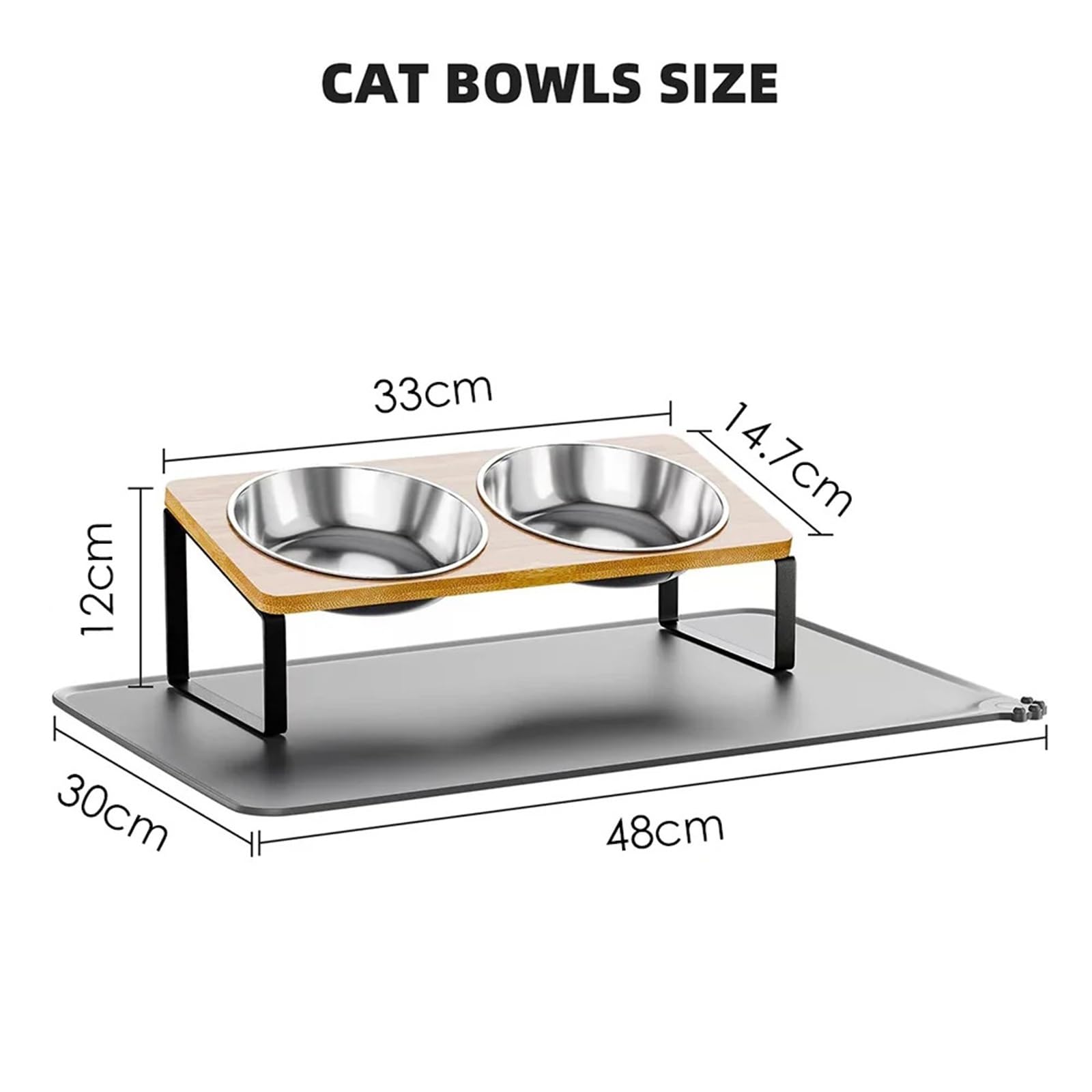 Um 15° geneigte Katzennäpfe mit Matte. 2 Edelstahlnäpfe