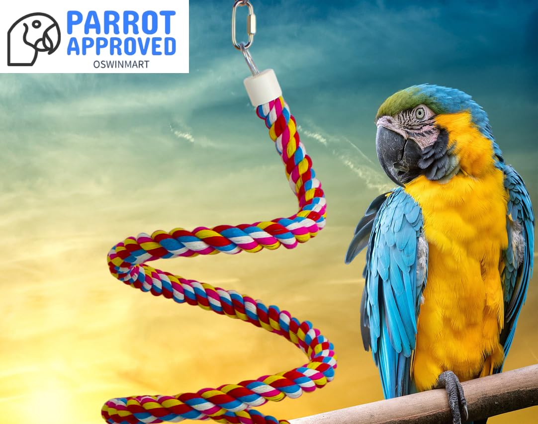 Lot de 2 cordes en spirale pour oiseaux de 200 cm avec clochette dorée - Jouets pour cage à oiseaux 100 % coton naturel - Perchoir à oiseaux - Jouets pour perroquet de taille normale à grande
