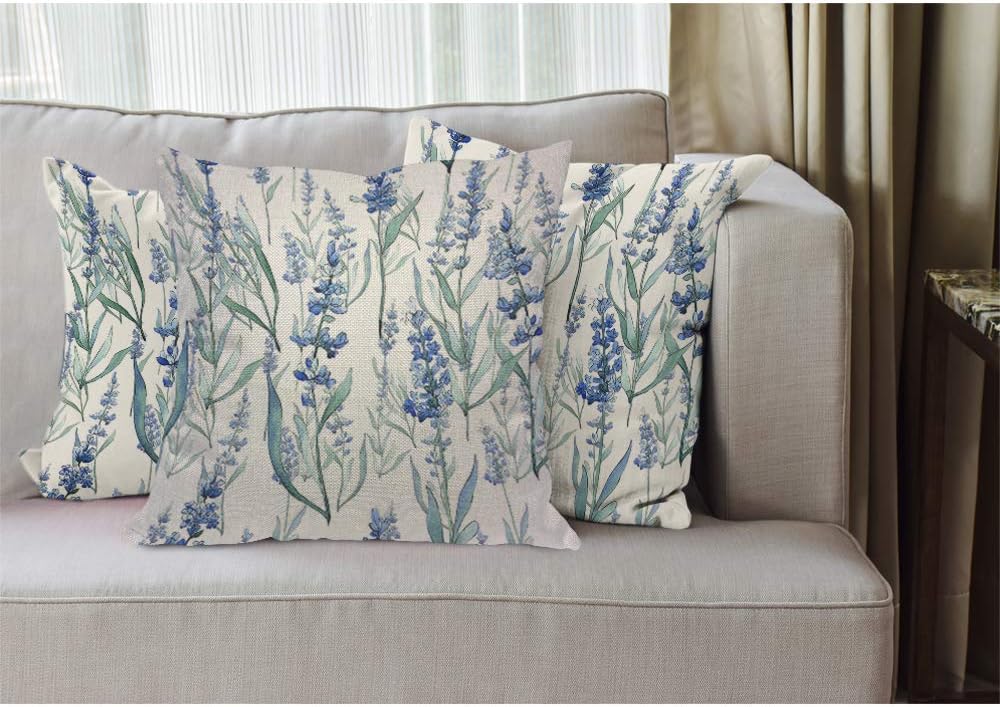 EKOBLA Lavender Throw Pillow Cover Blue Floral Wildflower Romantic Blossom Nature Leaves Cozy Square Cushion Case for Men Women Boys Girls Room Home Decor Cotton Linen 18x18 Inch - Image 2