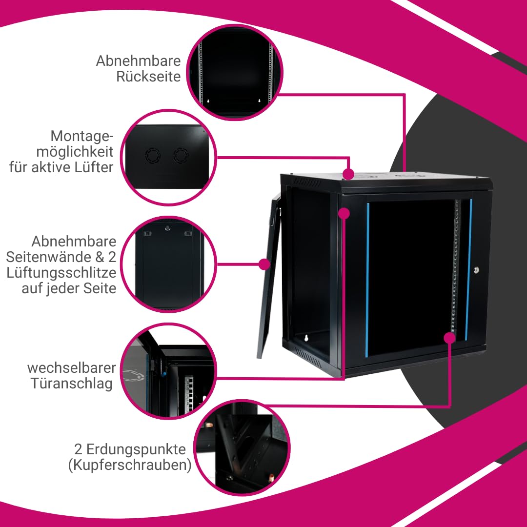 Netzwerkschrank 19 Zoll 12HE I 450 mm Tiefe I Serverschrank Schwarz I Wandmontage I abschließbare Glastür I voll montiert I 100 kg Traglast I 600×450×636 mm (Schwarz - 45cm, 12HE)