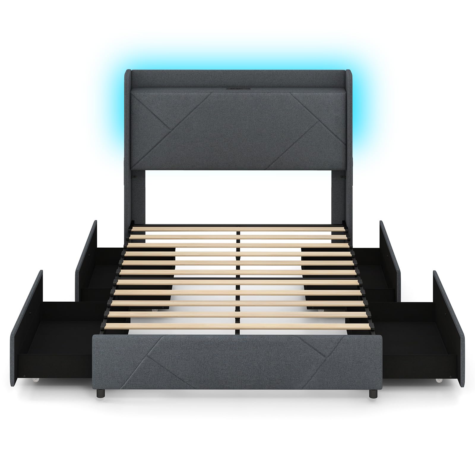 COSTWAY Letto Matrimoniale 140 x 200 cm, Letto Imbottito con Testiera, Luci LED, Stazione di Ricarica, 2 Tasche e 4 Cassetti, Carico 500kg, Silenzioso
