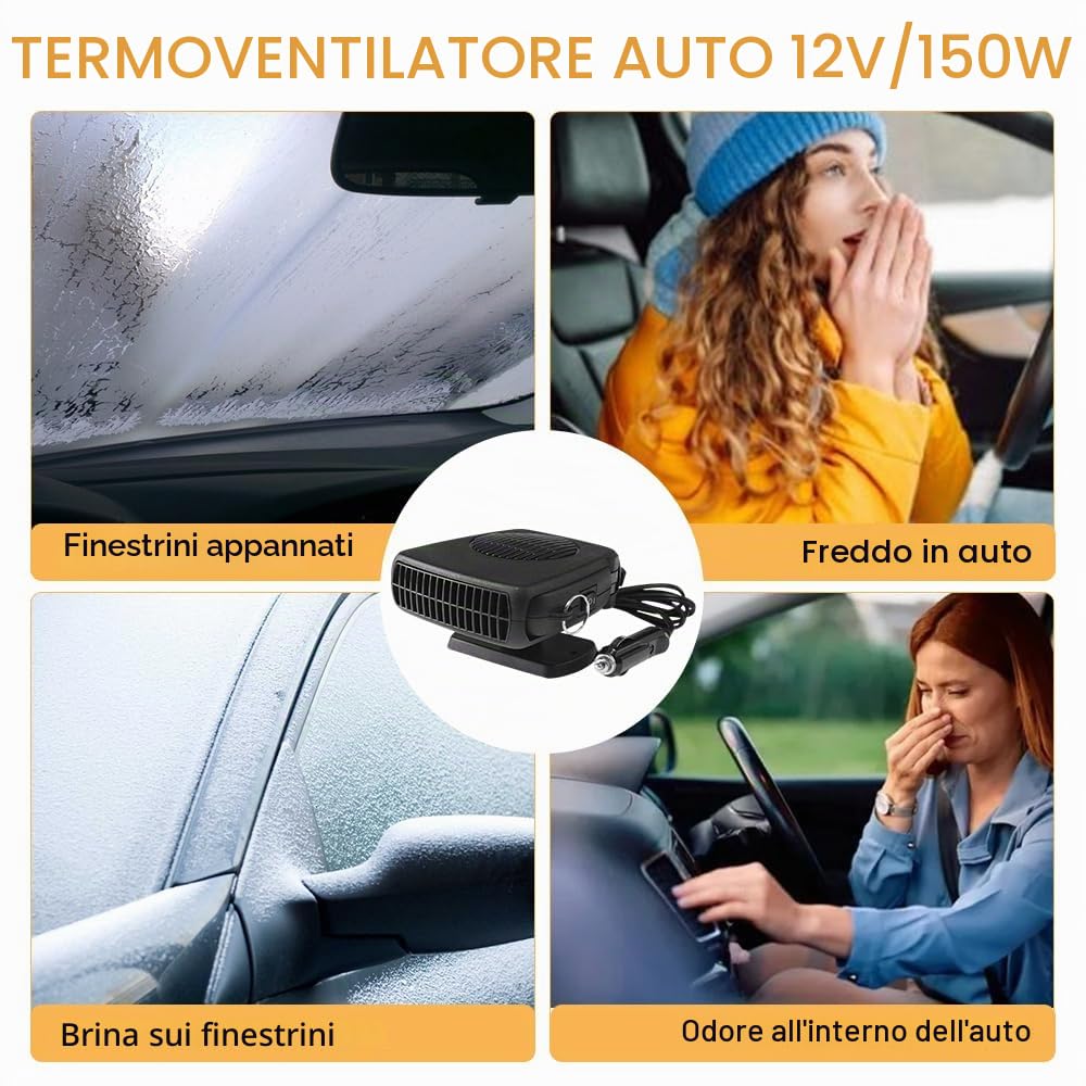 12 V 150W Riscaldamento per Auto, 2 in 1 Riscaldatore per Auto, Stufetta per Auto Regolazione Libera a 360°, Riscaldamento/Raffreddamento con Accendisigari per Auto,Caravan,Camion,Barca(Nero)
