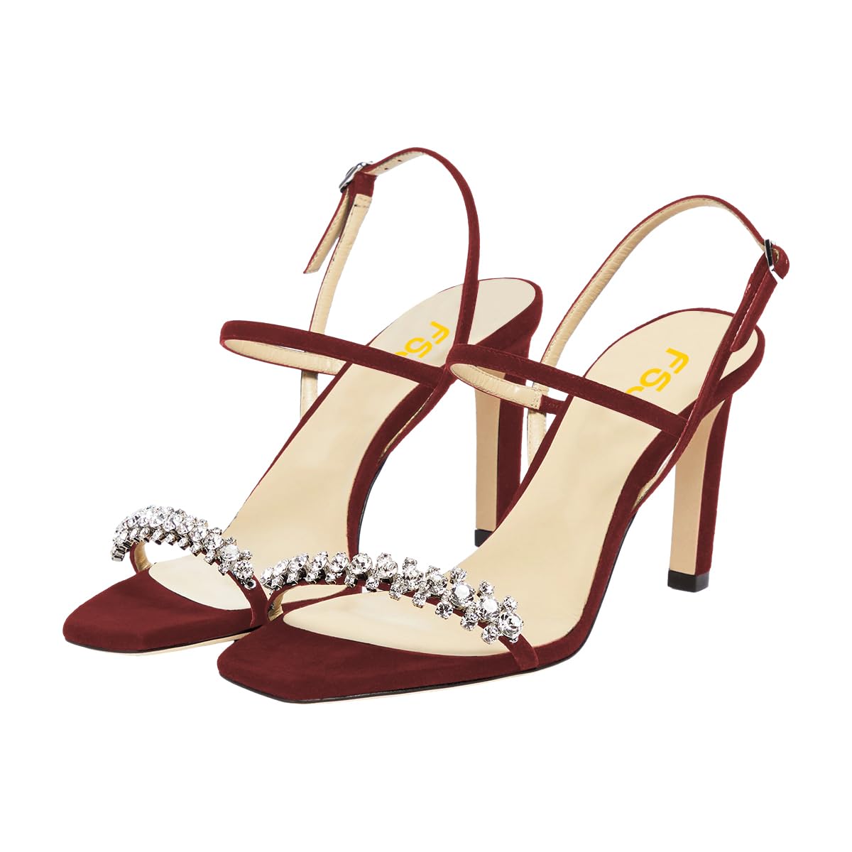 FSJ Women Square Open Toe Rhinestone Pumps Ankle Strap Kitten Heels Adjustable Buckle Shoes Size 4-15 US