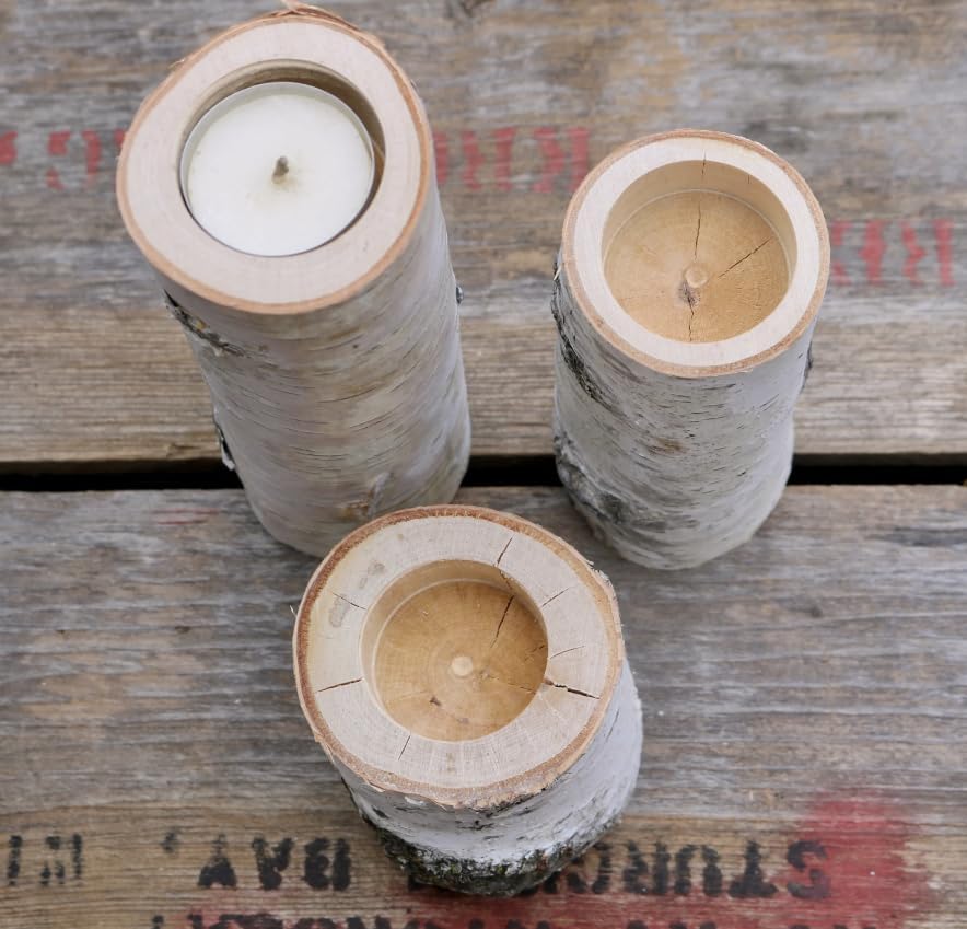 Miniatura 5 de Juego de portavelas de madera de abedul blanco rústico, decoración de centro de mesa de troncos naturales para bodas, vacaciones o uso diario, juego