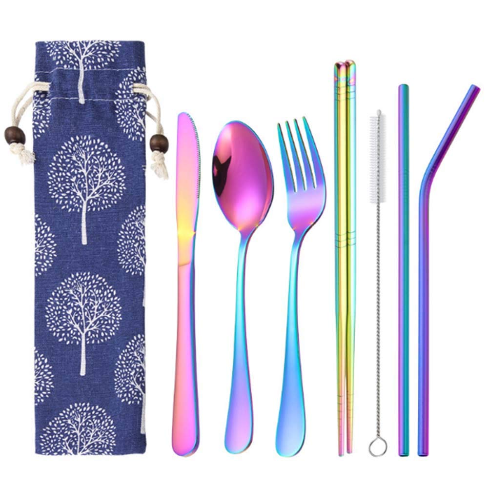 Oter7 Pieces Portable Stainless Steel Flatware Set Travel Cutlery Silverware Set Reusable Utensils with Case, Stainless Steel Knife Fork Spoon Chopsticks Straws