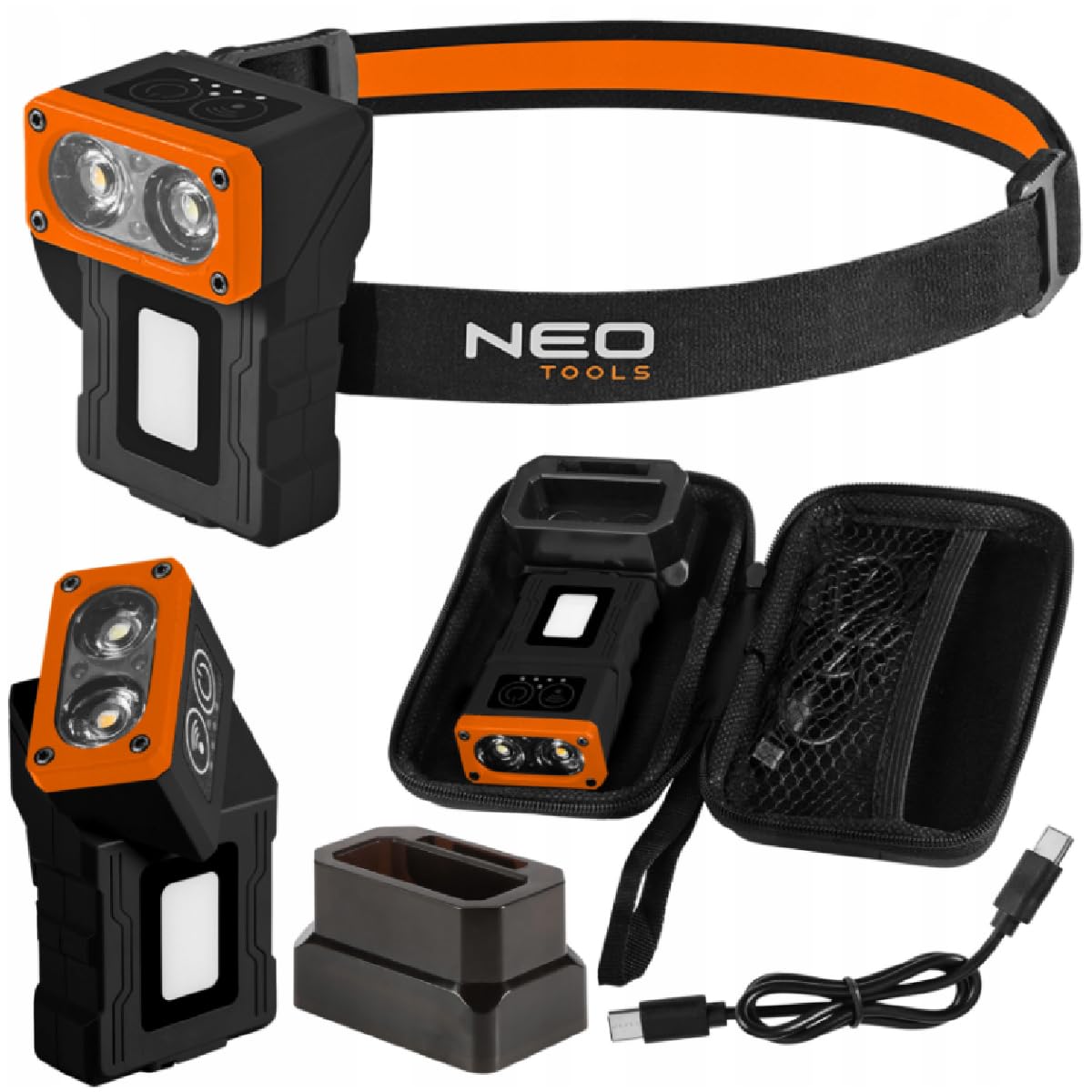 NEO TOOLS Lampada frontale a LED ricaricabile, super luminosa, 500 lumen, con sensore, luce rossa e stazione di ricarica, luce frontale leggera, per campeggio, pesca, officina, riparazioni