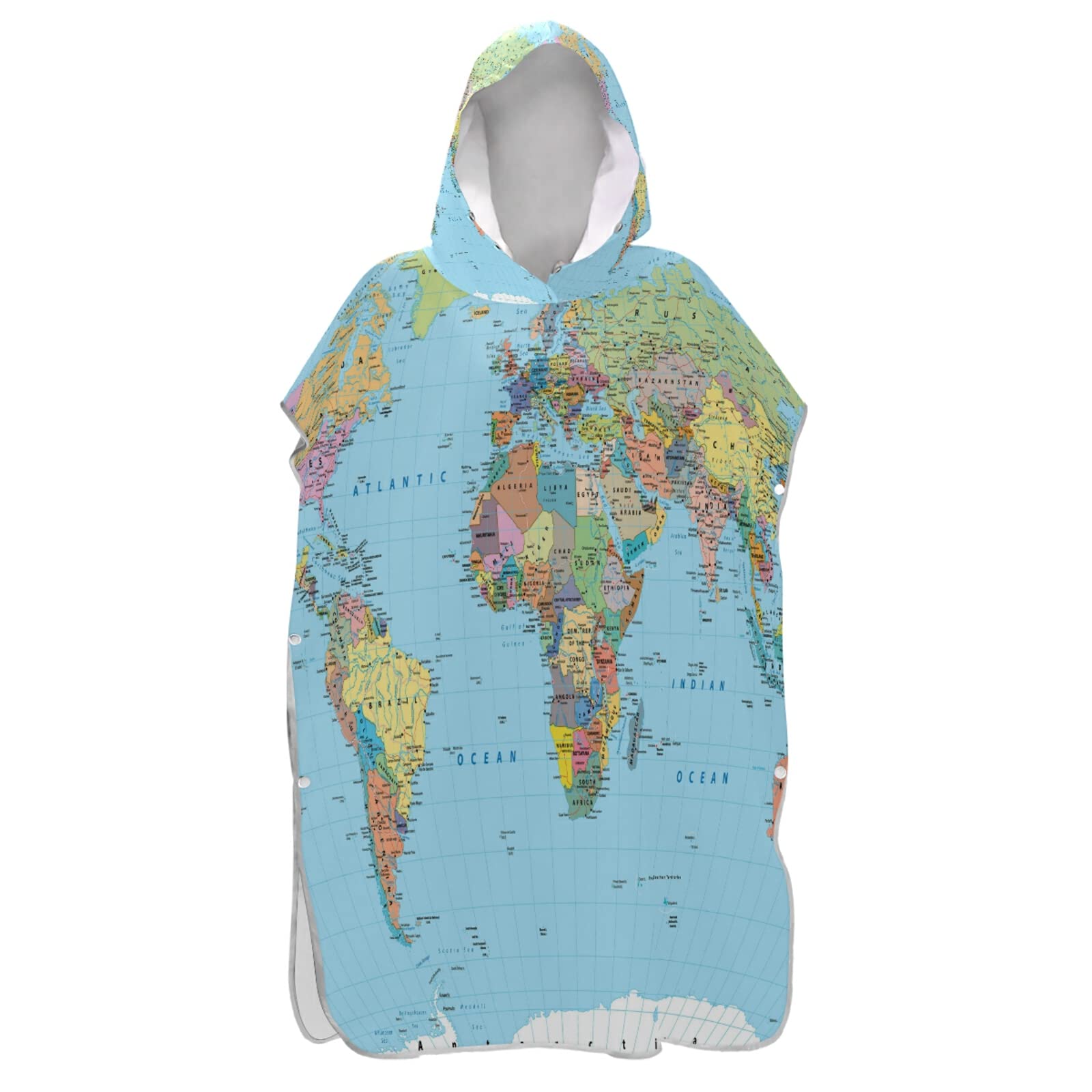 Poeticcity Multi 3 Colorful World Map With Turquoise Ocean Background Adult Surf Poncho Changing Robe With Hood And Pocket,Quick-Drying Bathrobe,Microfiber Towel Wetsuit For Bath Beach Outdoor