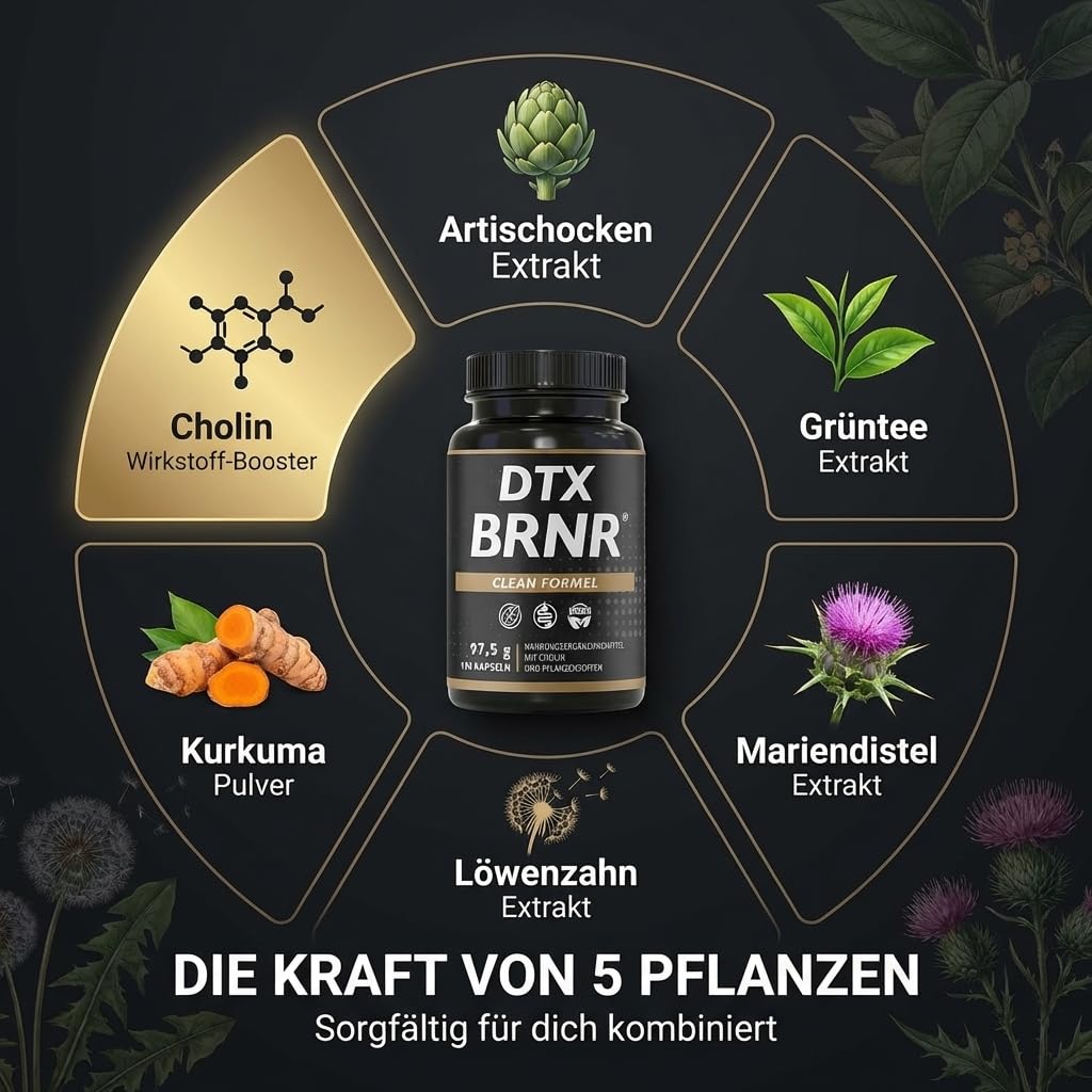 DTX BRNR Leber Komplex + Stoffwechsel Kapseln mit Cholin, Grüner Tee, Artischocke, Mariendistel, Löwenzahn & Kurkuma, 120 vegane Kapseln