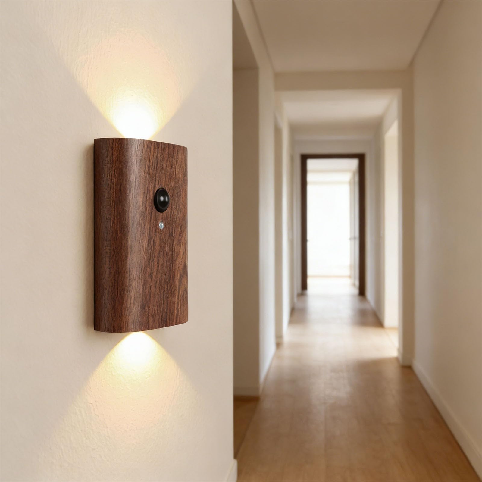 Drewniane lampki nocne z czujnikiem ruchu, bezprzewodowa, ładowana przez USB, 2700-3000 K, ciepłe światło, unikalne słoje drewna, do korytarza, schodów, 2 szt