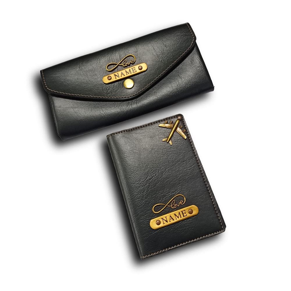 Little Cubess Personalized Ladies Wallet & Passport Cover Combo | Customized Faux Leather Gift Set for Women & Men | Name with Charm | Gift for Husband, Wife, Couples (Black)