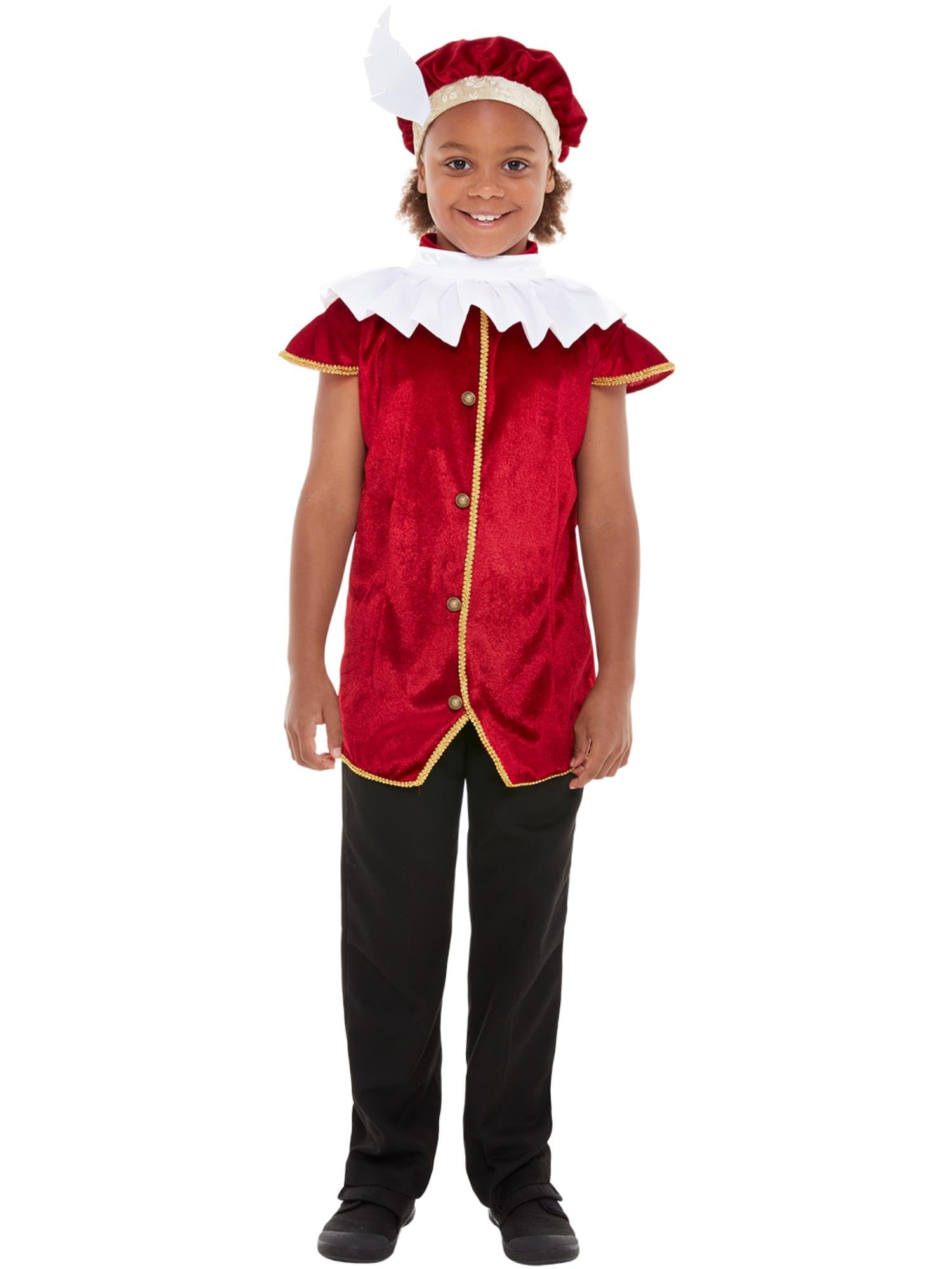 Smiffys Tudor Kit, Red with Hat, Waistcoat & Neck Ruffle, Boys Fancy Dress, Child Dress Up Accessories