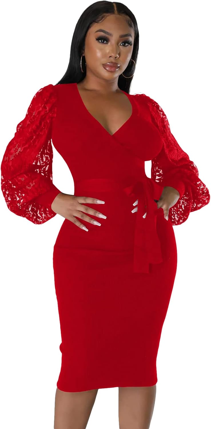 BOGURST Semi Formal Church Dresses for Women Bishop Sleeve Sexy V Neck Bodycon Midi Dresses - Image 2