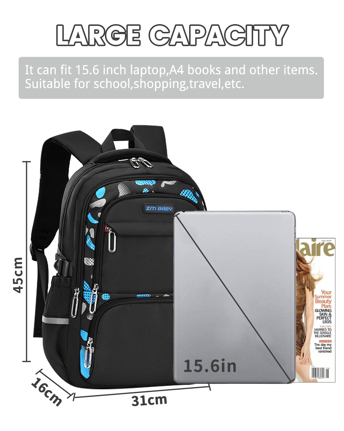 Amythe Sac A Dos Scolaire, Loisir Cartable Garçon Primaire Secondaire, Sacs à Dos Ordinateur 15.6 Pouces, Sac D'école Enfant Mode en Imperméable Idéal pour L'école et Les Voyages
