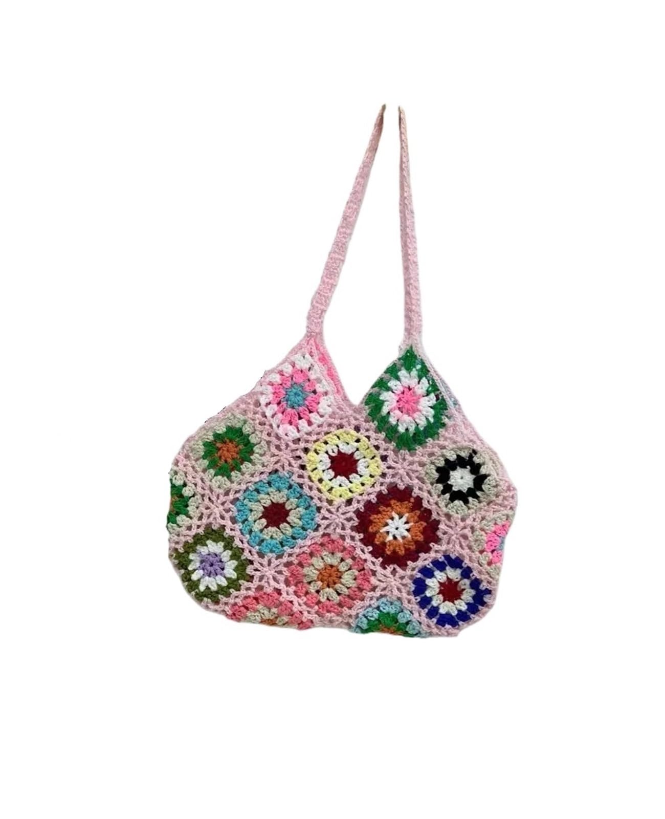 Bolso con Flores de Punto Bolso de mano for mujer con flores ganchillo peso pesado, estilo étnico, color rosa, tejido a