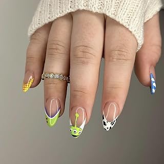 24Pcs Halloween Press on Nails Medium Almond Fake Nails with Cute Cartoon Pattern Design Fall Reusable False Nails French Tip Nails Press ons Artificial Glue on Nail Halloween Stick on Nail for Women